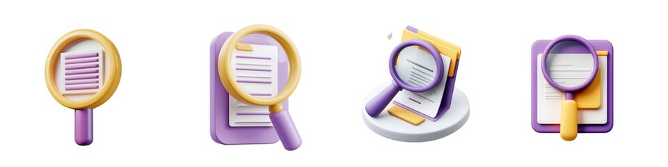 Magnifying glass with document icons for search, audit, research and file inspection concepts