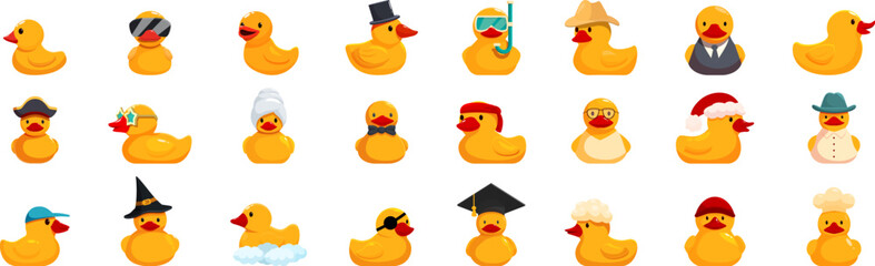Rubber duck icons set. Set of yellow rubber ducks wearing various costumes and hats, representing different professions and characters