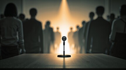 Empty stage with a microphone under spotlight surrounded by an audience at a conference event in the evening