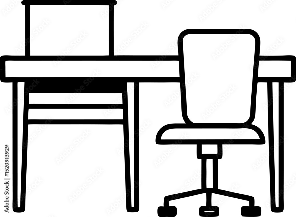 Fototapete vector illustration of a desk with a computer and chair representing office workspace elements.