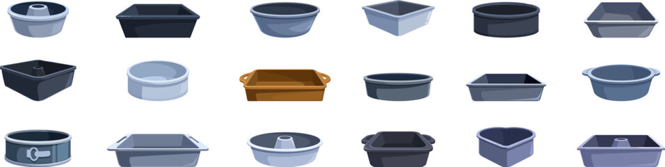 Cake pan icons set. Different shapes and sizes of baking molds offer a wide range of possibilities for preparing cakes, pastries, and other baked goods