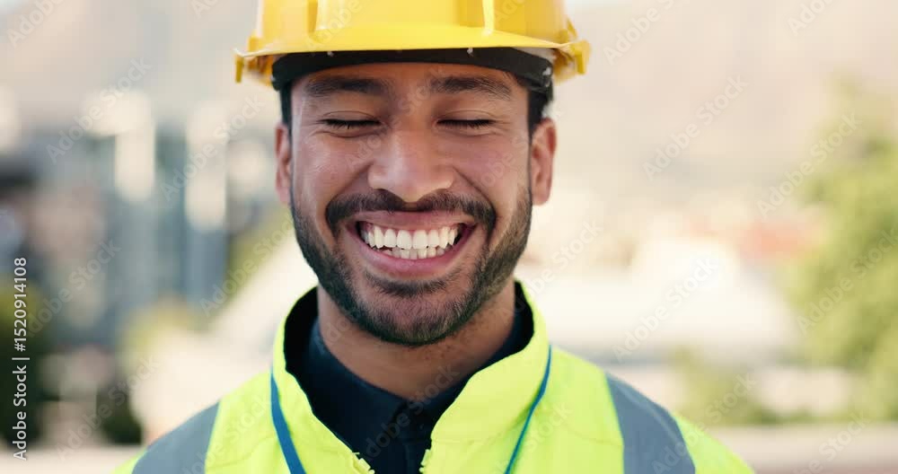 Poster engineer, smile or face of man on site for building inspection, confidence or quality control. const