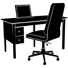 Minimalist black and white office desk and chair with laptop illustration