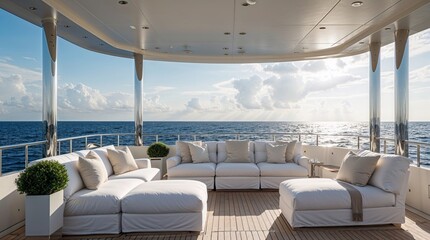 Fototapeta premium Luxurious outdoor lounge area on a yacht with ocean view during daytime sunlight