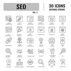 Seo icon set. Search Engine Optimization line icon set. Editable stroke. Vector illustration