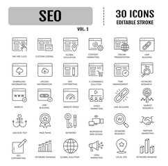Seo icon set. Search Engine Optimization line icon set. Editable stroke. Vector illustration