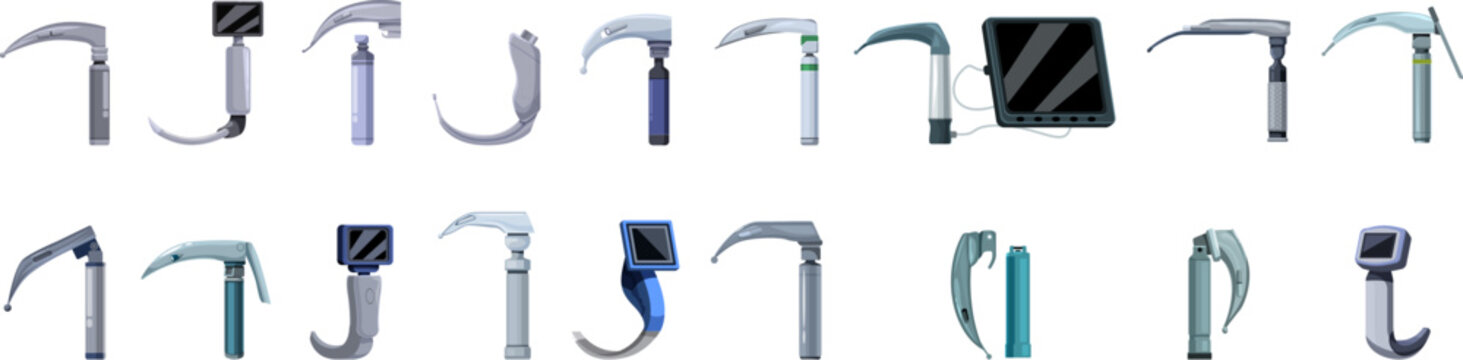 Laryngoscope icons set. Different types of laryngoscopes used for intubation during surgery or emergency situations
