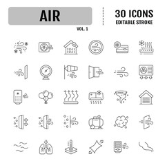 Air line editable icon set. Containing ventilation, air conditioner, fan, wind, blow, oxygen, breathe, CO2, pollution and more. Vector illustration