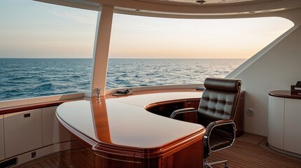 Fototapeta premium Elegant yacht office with stunning ocean view during sunset