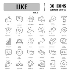 Like icon set. Containing thumbs up, favorite, liked, favorable, positive, appreciation, affirmative, validation and more. Editable stroke. Vector illustration