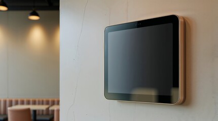 Modern touchscreen display mounted on a wall in a contemporary interior setting with ambient lighting
