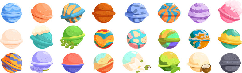Bath bomb icons set. Set of round bath bombs decorated with various colors, patterns, and natural ingredients, evoking the image of planets