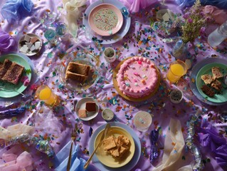 Overhead shot of a table spread with birthday cake, treats, and confetti, creating a festive scene