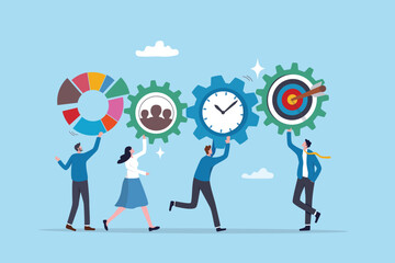 Plakat Optimization, improvement or strategy to improve result to increase efficiency or productivity to reach goal or target success, business people connect cogwheel gear to optimize result to reach goal.