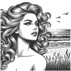 beautiful woman with flowing hair, gazing thoughtfully near a coastal landscape with waves sketch engraving generative ai vector illustration. Scratch board imitation. Black and white image.