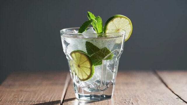 Refreshing mint lime drink preparation in a stylish glass with ice