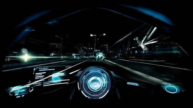 Futuristic car interior through city at night
