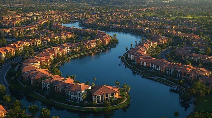 Fototapeta premium Aerial View of Luxury Homes with a Serene Lake in a Sunny Resort Town.