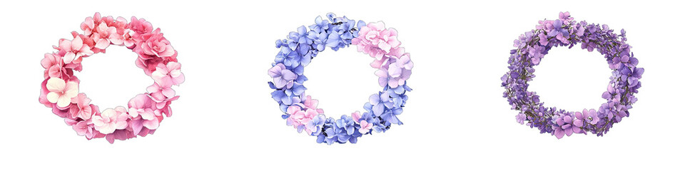 Three floral wreaths in shades of pink, purple, and blue