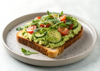 Delicious avocado toast with fresh greens and toppings