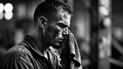 Man wipes sweat from his face in a gritty gym environment during an intense training session