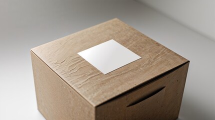 Simple brown box with a blank label resting on a smooth surface in a well-lit indoor setting