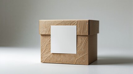 Decorative brown box with a blank label for personalized gifts or storage displayed in neutral lighting