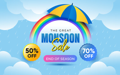 The Great Monsoon Sale Promotional Banner with Umbrella and Clouds