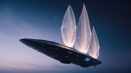 Obraz premium Futuristic sailboat spaceship soaring through a starlit sky above an alien landscape at twilight
