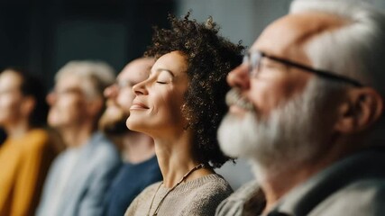Relaxed group meditating in wellness workshop
- Powered by Adobe