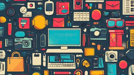 Flat lay illustration of office supplies and technology on a dark background with vibrant colors