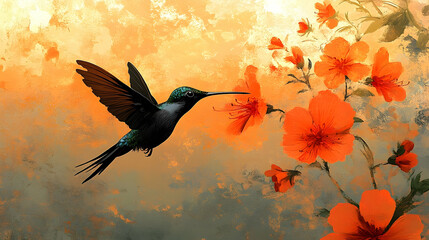 A hummingbird in flight amidst vibrant orange blossoms.