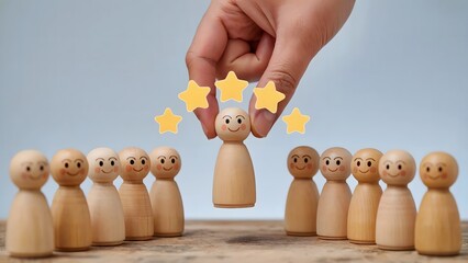 Hand placing stars above a wooden figure representing leadership and customer satisfaction