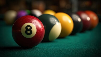 Close-up shot of a billiard ball set on a pool table, showcasing the 8-ball in focus