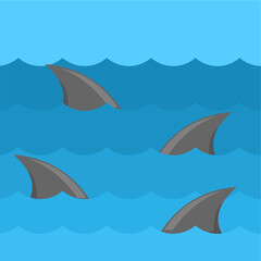Group of shark fins above sea,
creating tense and eerie atmosphere,
flat art design style.