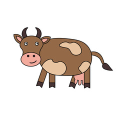 Cow hand drawn colored vector sketch on isolated background. Cute cartoon domestic animal kine. Design element for label, card, print, paper, sign, logo, sticker. Food, milk, beef, farm life, pasture