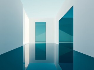 Minimalist Teal and White Interior Design Reflective Floor, Glass Walls, Abstract Concept Minimalism, Architecture