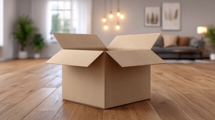 Modern home delivery brown box parcel on floor in cozy living room environment