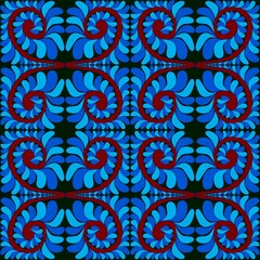 A hypnotic, spiral floral pattern in bold reds and blues forms a dramatic vortex effect. The swirling petals arranged in symmetry create a sense of rhythm and movement, ideal for optical art themes.