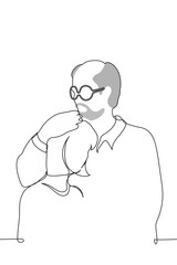 Mature father hugs adult daughter - one line art vector. concept gray-haired mustachioed and bearded man with a receding hairline and glasses presses an adult woman's head to his chest