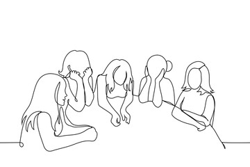 women sitting at table - one line art vector. concept of girlfriend in cafe, female collective, female team