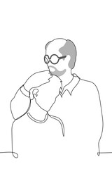 mature father hugs adult father - one line art vector. concept gray-haired mustachioed and bearded man with a receding hairline and glasses hugs an adult man's head to his chest
