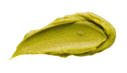Pistachio, paste, smear — a creamy, rich green spread elegantly swirled across a clean white background, evoking freshness, gourmet flavor, and visual appeal, perfect for culinary designs or food-them