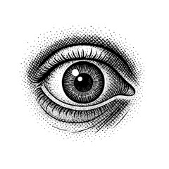 Scared eye with a stippled texture in a grunge, surreal 90s style.