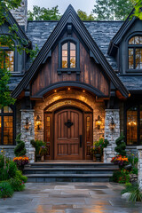 Inviting Rustic Elegance Wooden Front Door and Covered Entryway of a Luxurious Country Home