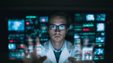Future of Science: A focused scientist wearing glasses interacts with a futuristic digital interface, immersed in cutting-edge research.