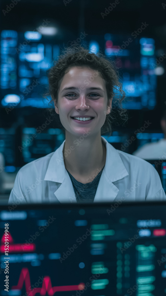 Poster smiling scientist at work: a portrait of a young, smiling female scientist working in a modern labor