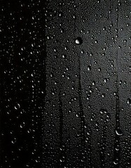 Drops, water, glass, surface, background, texture—tiny droplets slowly slide down the smooth transparent glass, creating an elegant, fluid motion against a dark, minimalist backdrop, evoking purity, s