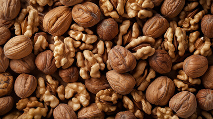 Close-Up of Shelled and Unshelled Walnuts Showcasing Natural Texture and Detail