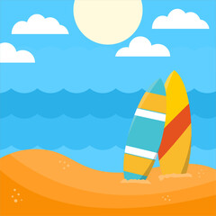 Two surfboards stuck in beachside sand,
with waves, clouds, and bright sun,
flat art design style.